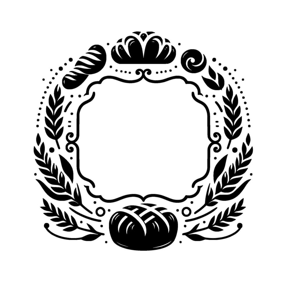 Black and white illustration of a bread and wheat wreath with a central open space, perfect for logos. vector