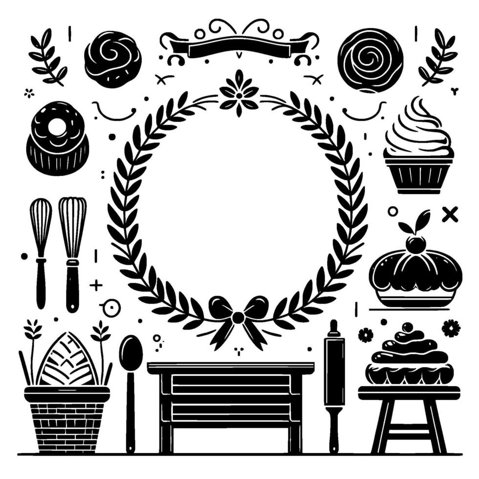 Charming Black and White Bakery Illustration with Wreath, Pastries, Kitchen Tools, and Table Elements for . vector