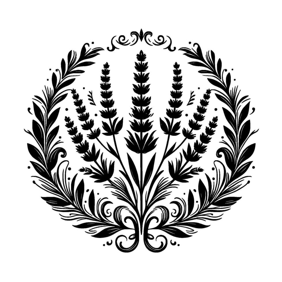 Elegant Black and White Circular Floral Featuring Lavender Sprigs and Ornamental Foliage, on a White Background. vector