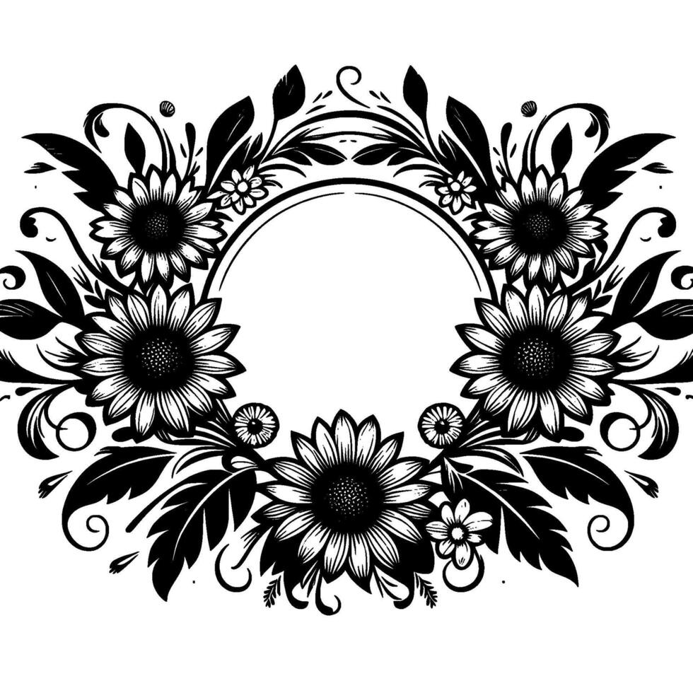 Elegant black and white floral wreath with sunflowers, leaves, and small blossoms encircling a central blank circle on a white background. vector