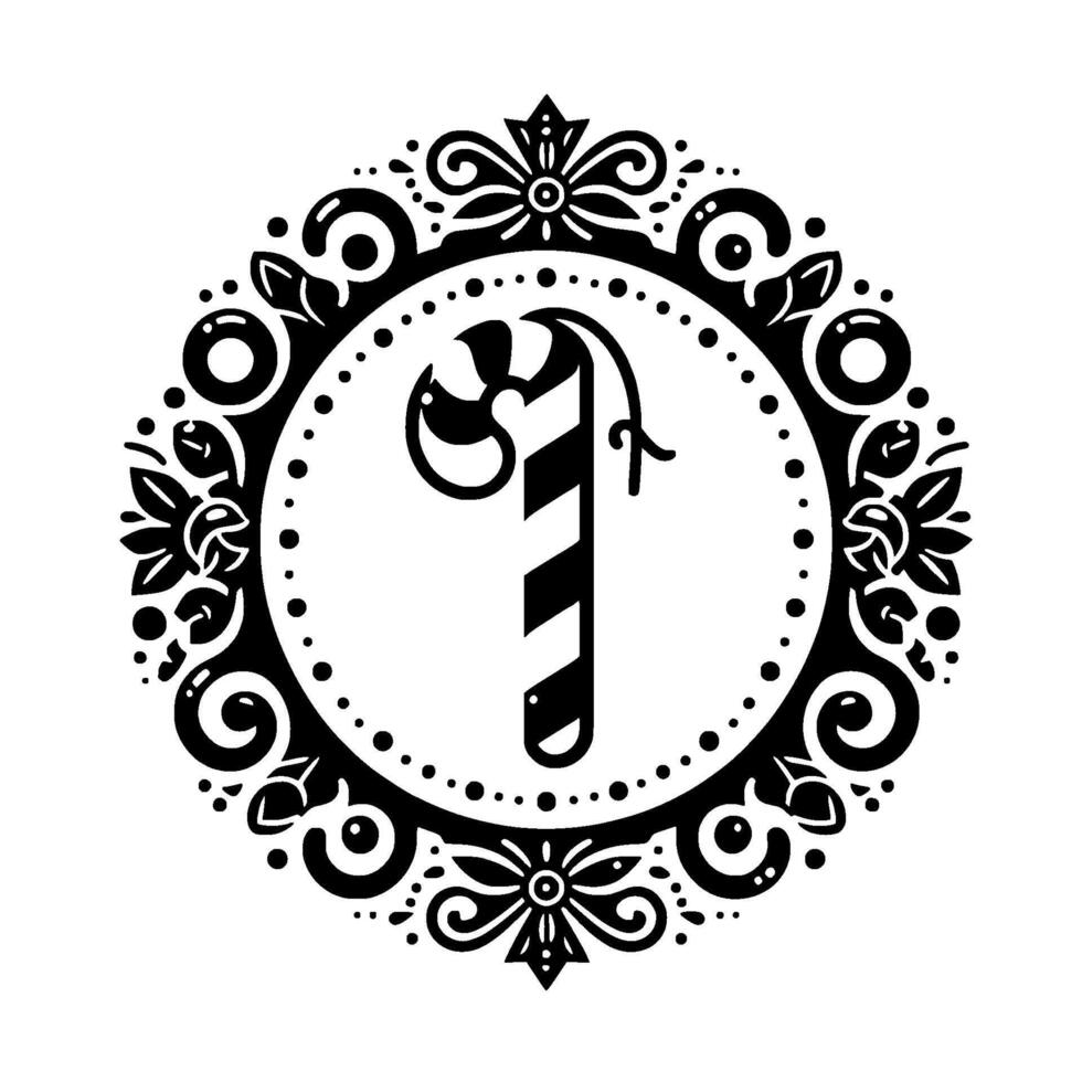 Black and white elegant illustrated candy cane emblem inside a decorative floral circular border, perfect for holiday elements. vector