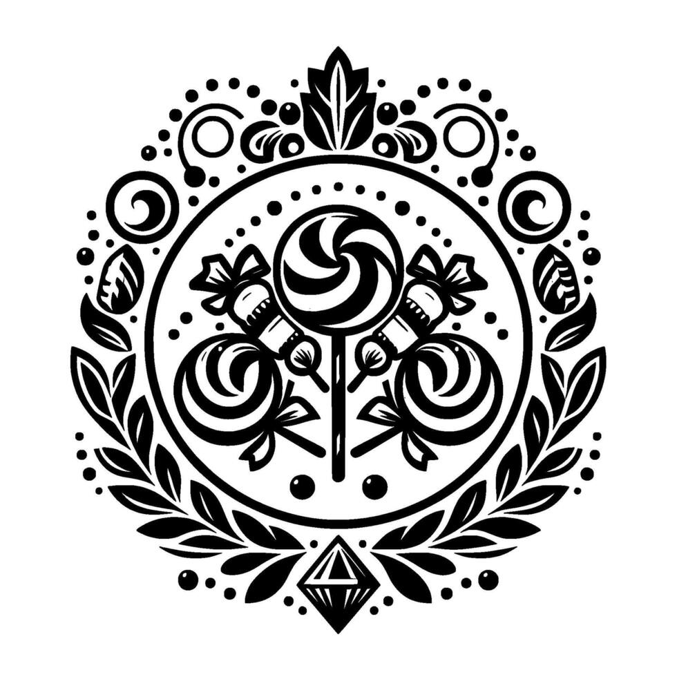 Intricate black and white circular featuring spiral lollipops, decorative leaves, embellishments, and a central diamond. vector