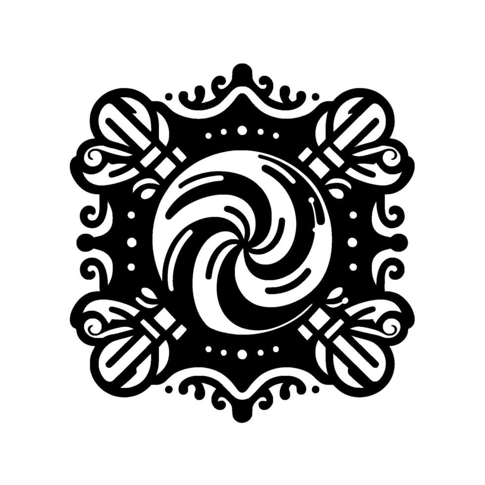 Intricate Black White Square Emblem Swirling Center, Ornamental Frame, and Detailed Decorative Elements. vector