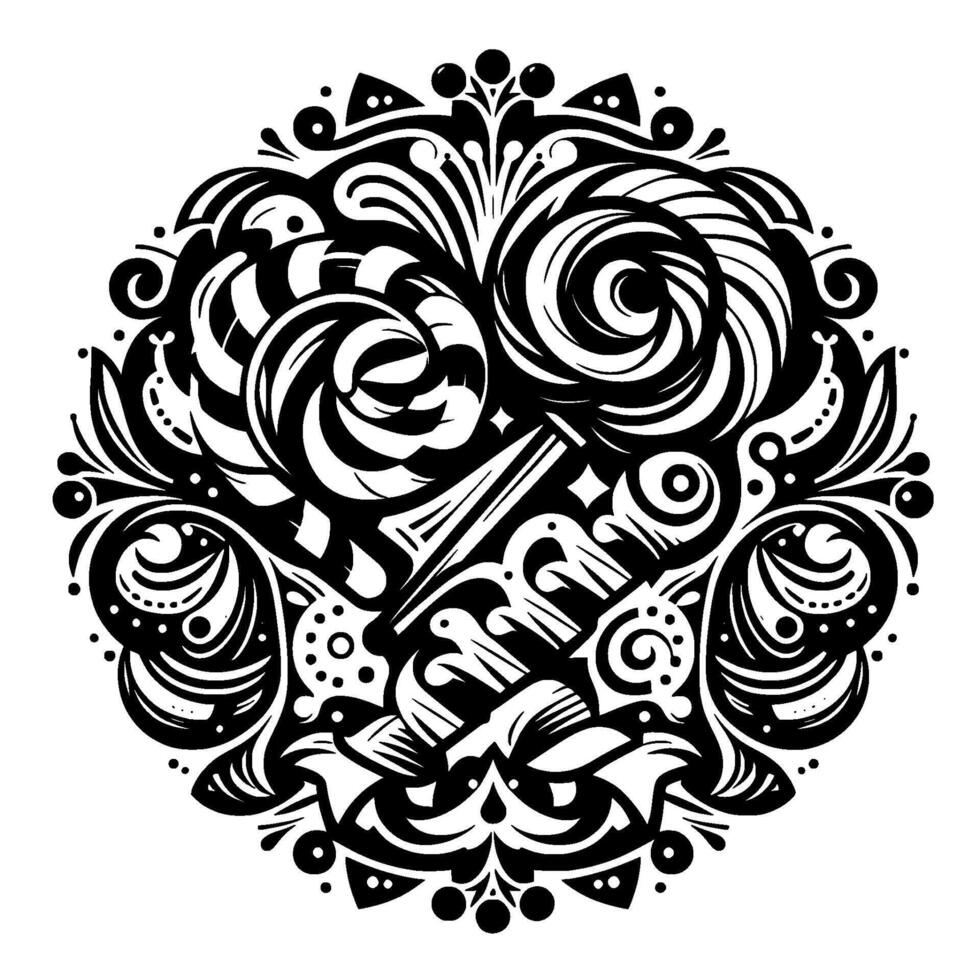 Intricate, Black and White Floral Mandala with Swirls, Geometric Shapes, and Ornate Details on White Background. vector