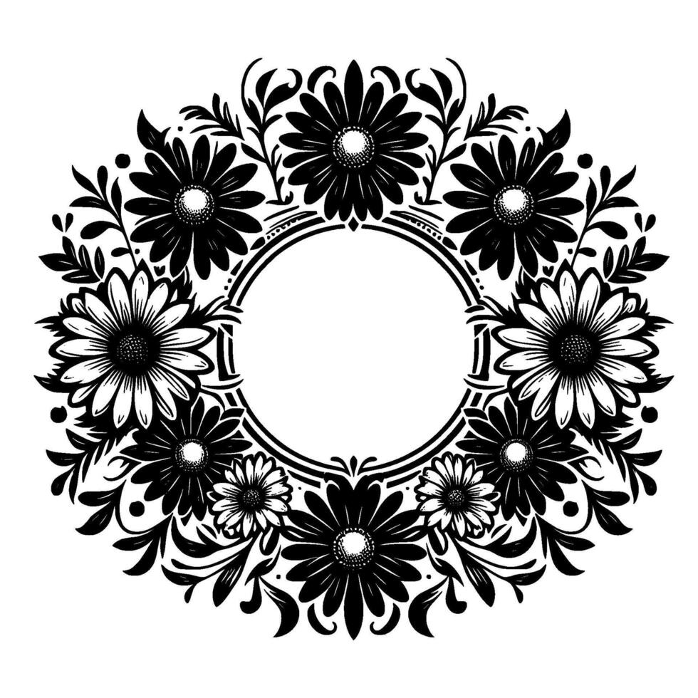 Intricate Black and White Floral Wreath with Daisylike Flowers, Leaves, and a Central Circle Frame for Text or Logos. vector