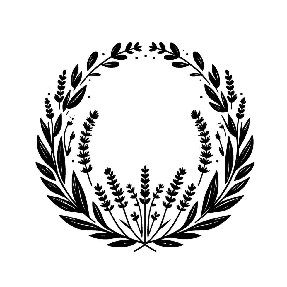 Elegant black white floral wreath illustration featuring lavender and leafy branches with a minimalist, botanical aesthetic. vector