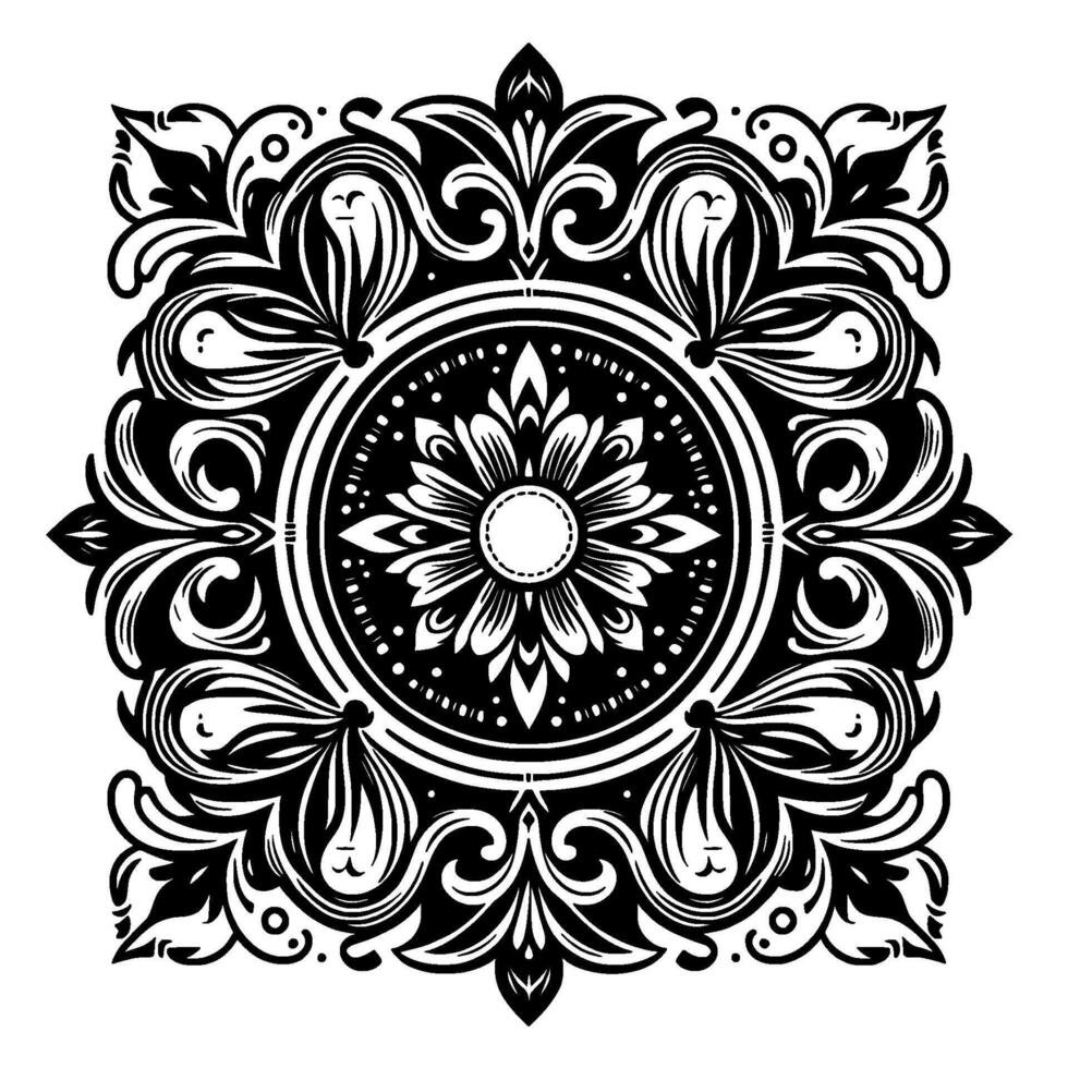 Intricate Black and White Floral Pattern , Symmetric and Ornamental, with a Central Circular Flower and Detailed Leafy Border. vector