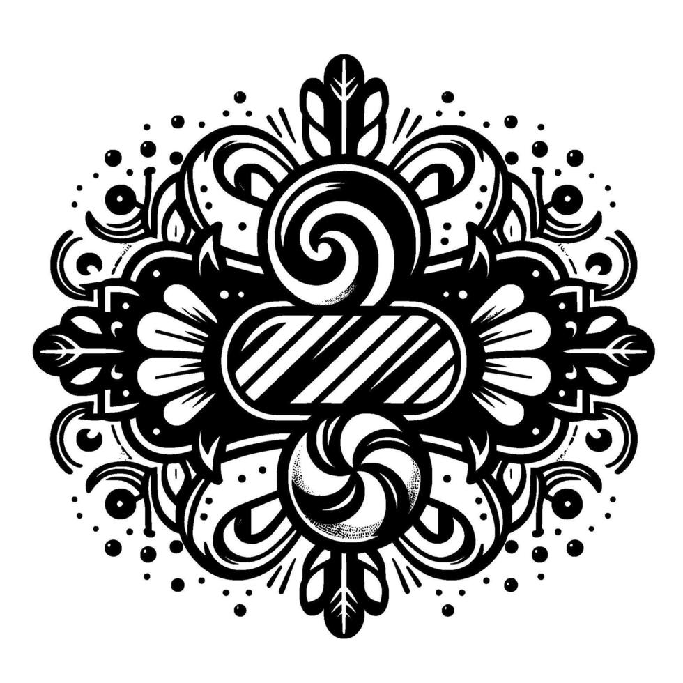 Intricate black and white ornamental illustration featuring stylized candy elements, swirls, floral designs and dots in symmetrical arrangement. vector