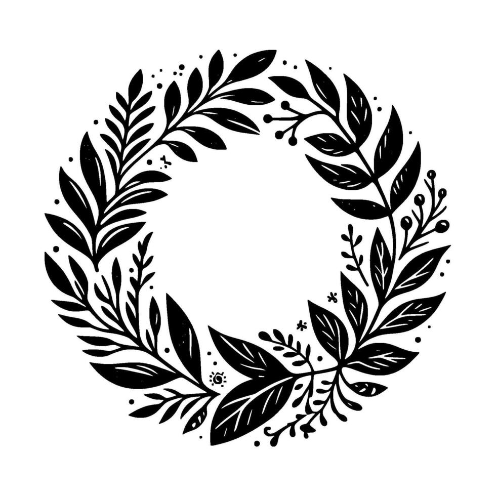 Detailed Black and White Floral Wreath Illustration with Leaves, Berries, and Decorative Dots, Isolated on White vector