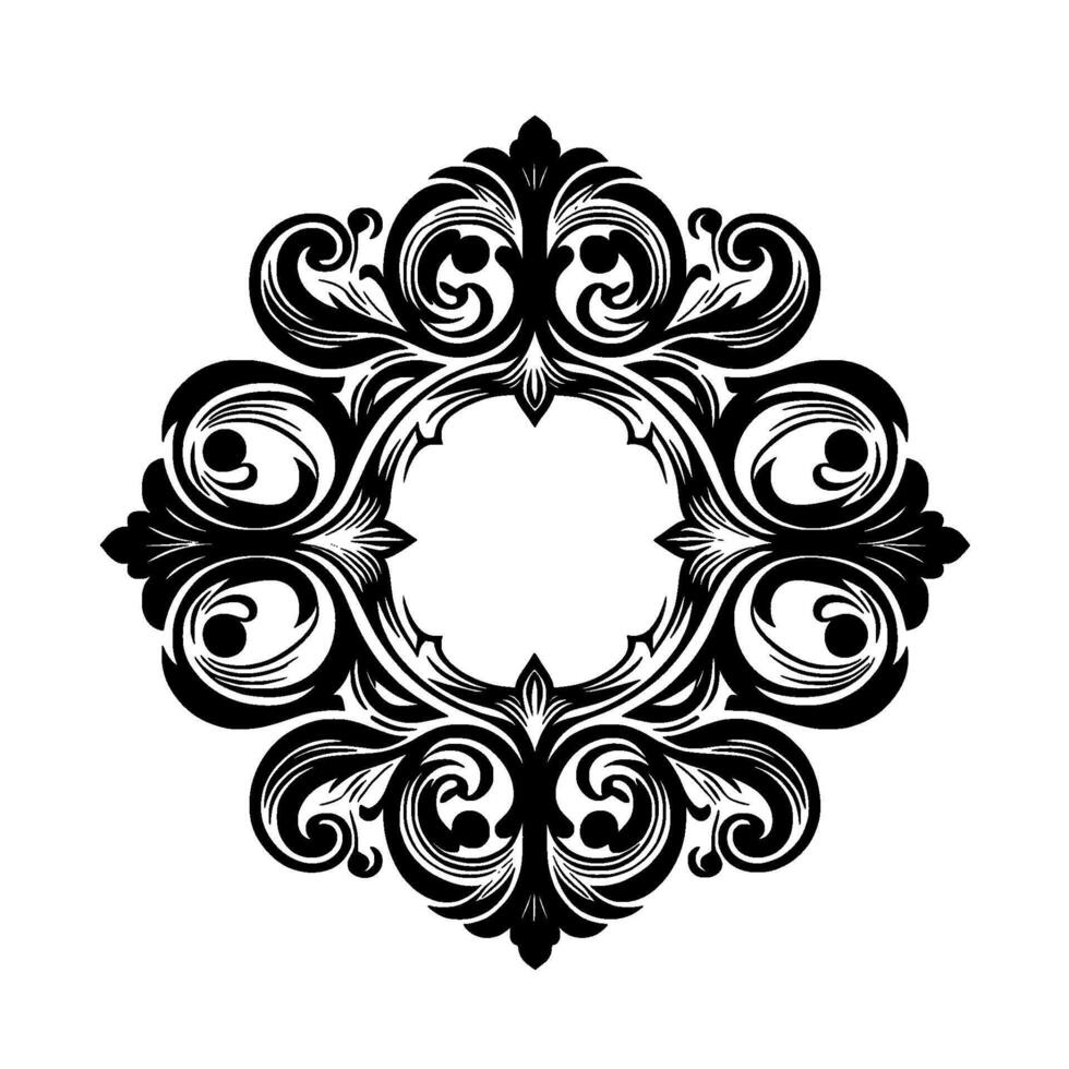 Intricate symmetrical monochrome ornate floral with central open circular space, elegant stylized pattern, decorative element, classical inspired. vector
