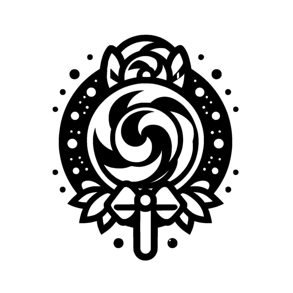 Intricate Black and White Lollipop Featuring Swirls, Bow, Floral Elements, and Dotted Frame, Perfect for Logos or Emblems vector