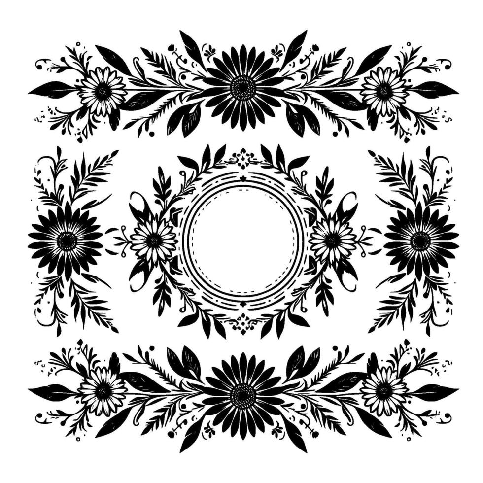 Elegant floral arrangement with sunflowers, leaves, and a central circular blank space, presented in a symmetrical, black and white illustration. vector