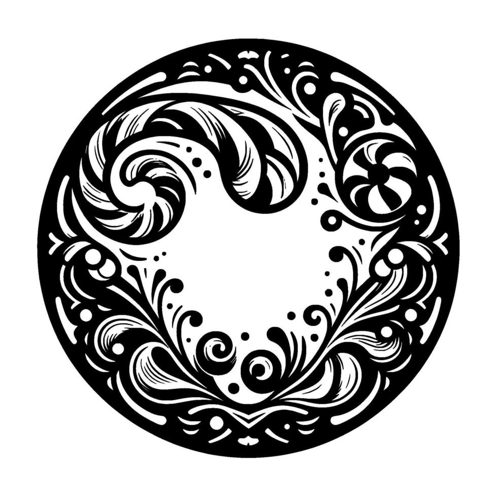 Intricate, symmetrical black and white floral mandala with swirling patterns, dots, and a circular frame, creating a decorative border. vector