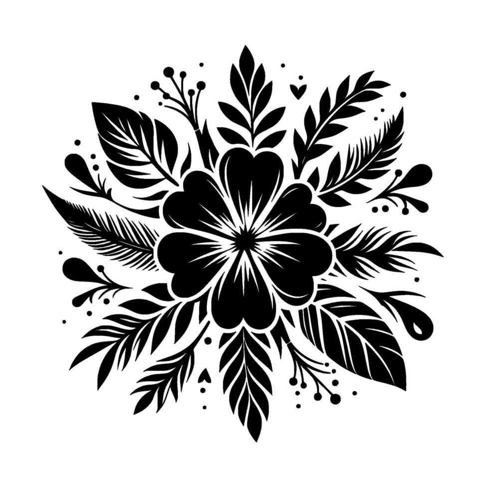 Intricate Black and White Floral Arrangement with Petals, Leaves, Berries, and Elegant Decorative Elements. vector