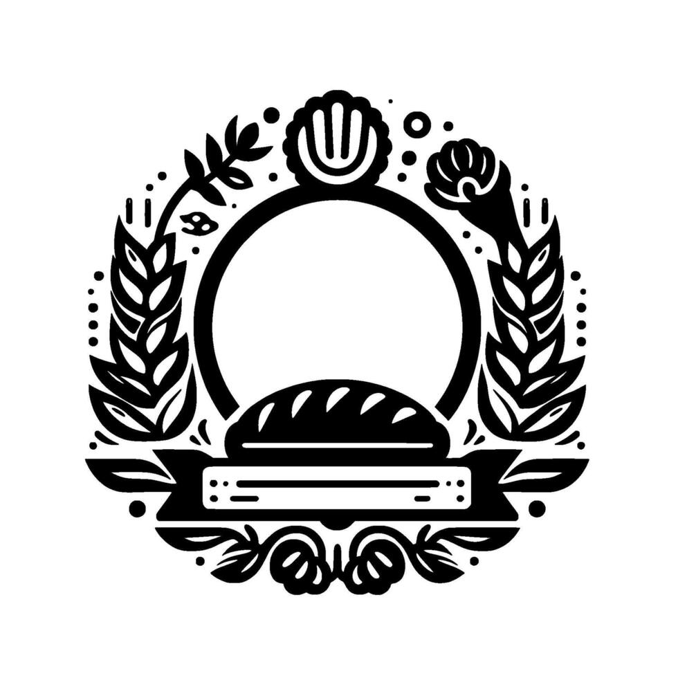 Monochromatic Emblem A symmetrical wheatcrowned bread and ribbon framed circle, perfect for a bakery or culinary brand. vector