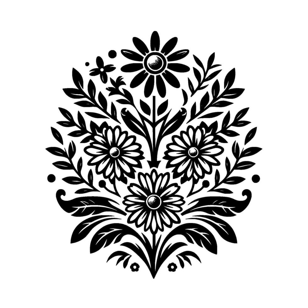 Intricate Black and White Floral Symmetrical Arrangement of Daisies, Leaves, and Botanical Elements on White. vector