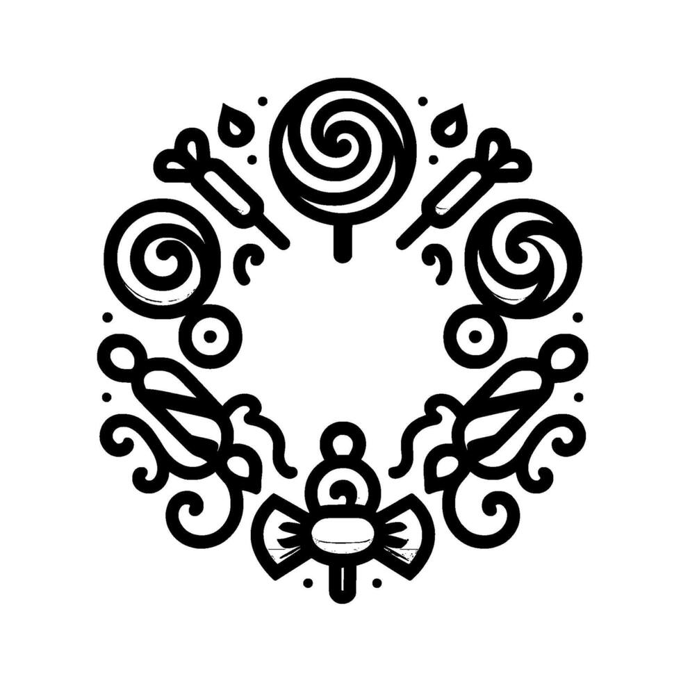 Black and White Circular Illustration of Candy Elements, Lollipops, and Swirls Arranged in a Decorative Pattern. vector