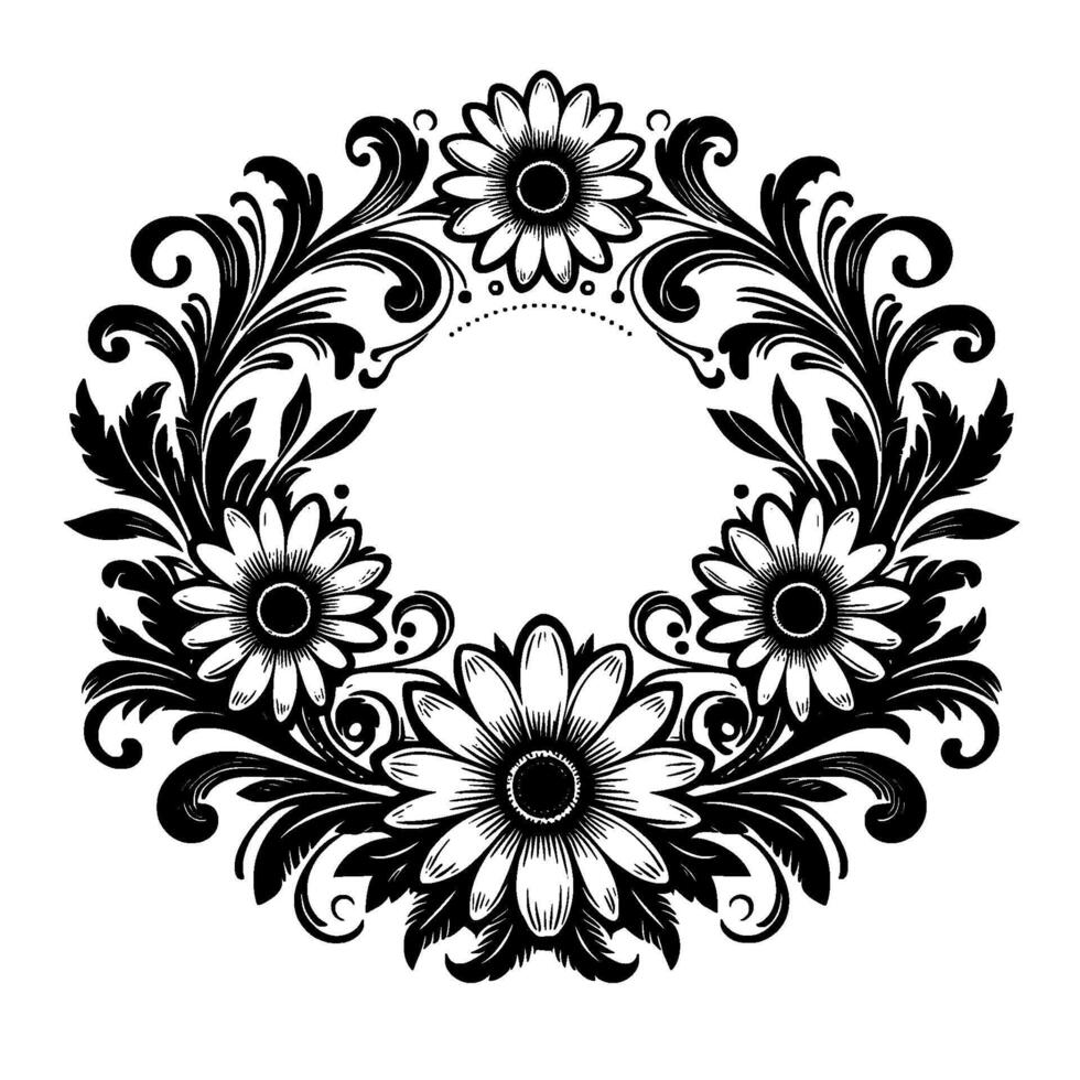 Intricate Black and White Floral Wreath Daisylike flowers and elegant, swirling foliage create a symmetrical for ornamentation. vector