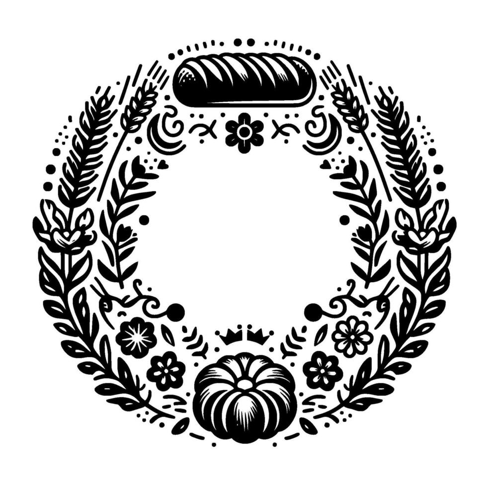 Black and White Bakery Illustration A Floral Wreath Adorned with Loaf of Bread, Flowers, and Pumpkin. vector