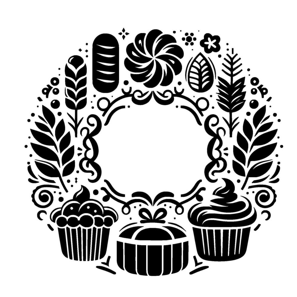 Circular black and white illustration of a baked goods and botanical elements frame, with a blank space. vector