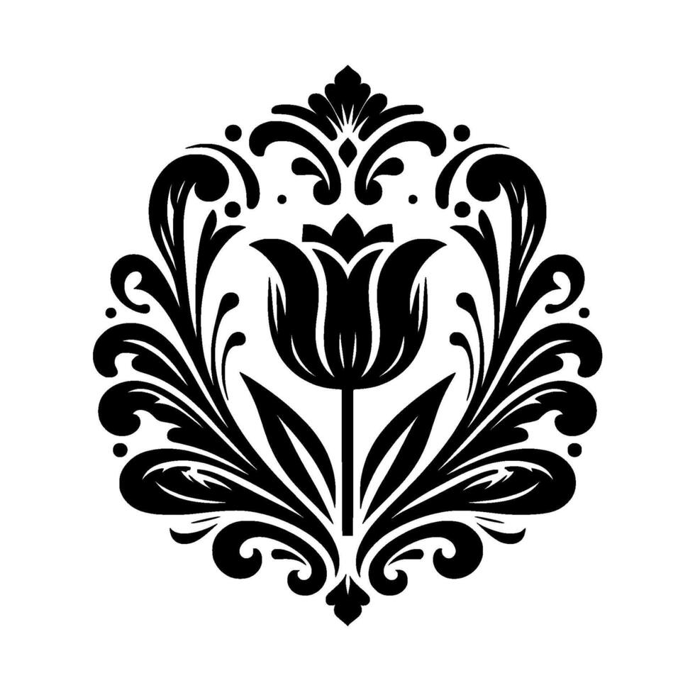 Intricate black and white floral , featuring a stylized tulip centerpiece surrounded by ornate, symmetrical flourishes within a circular frame. vector