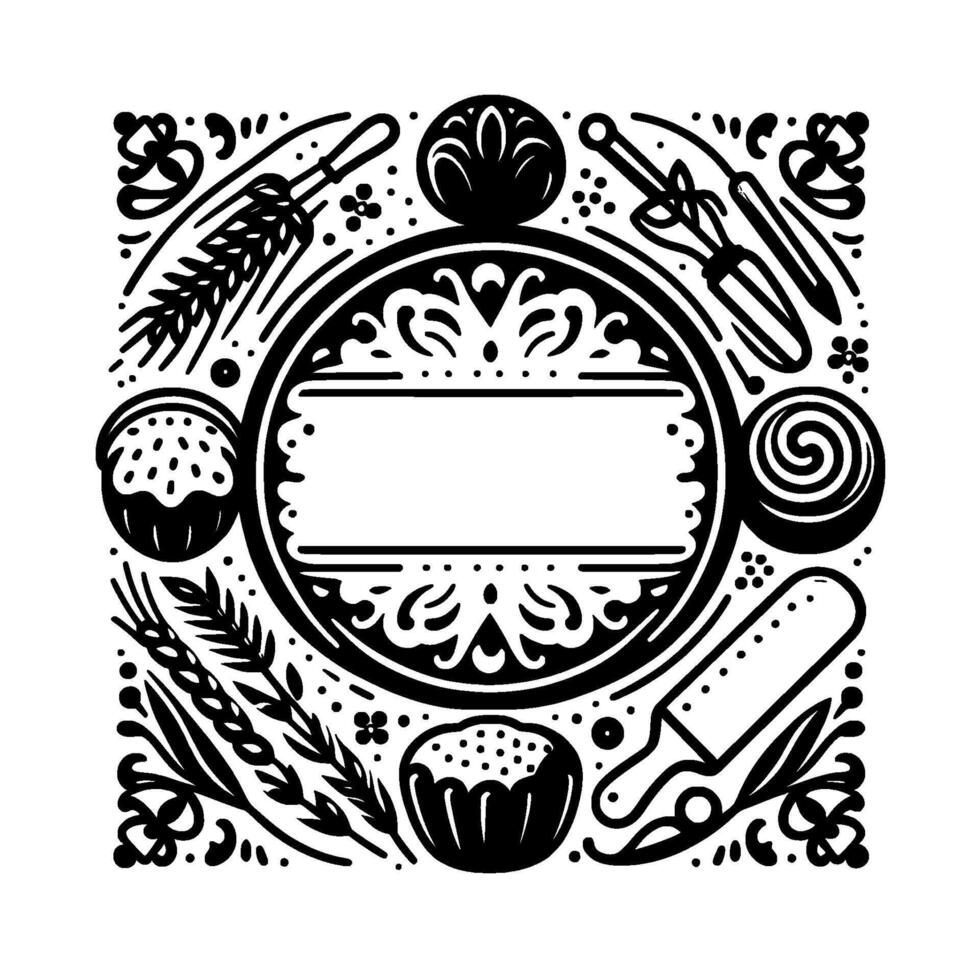 Circular monochrome decorative illustration with baking tools, wheat, and pastries around a central blank frame. vector