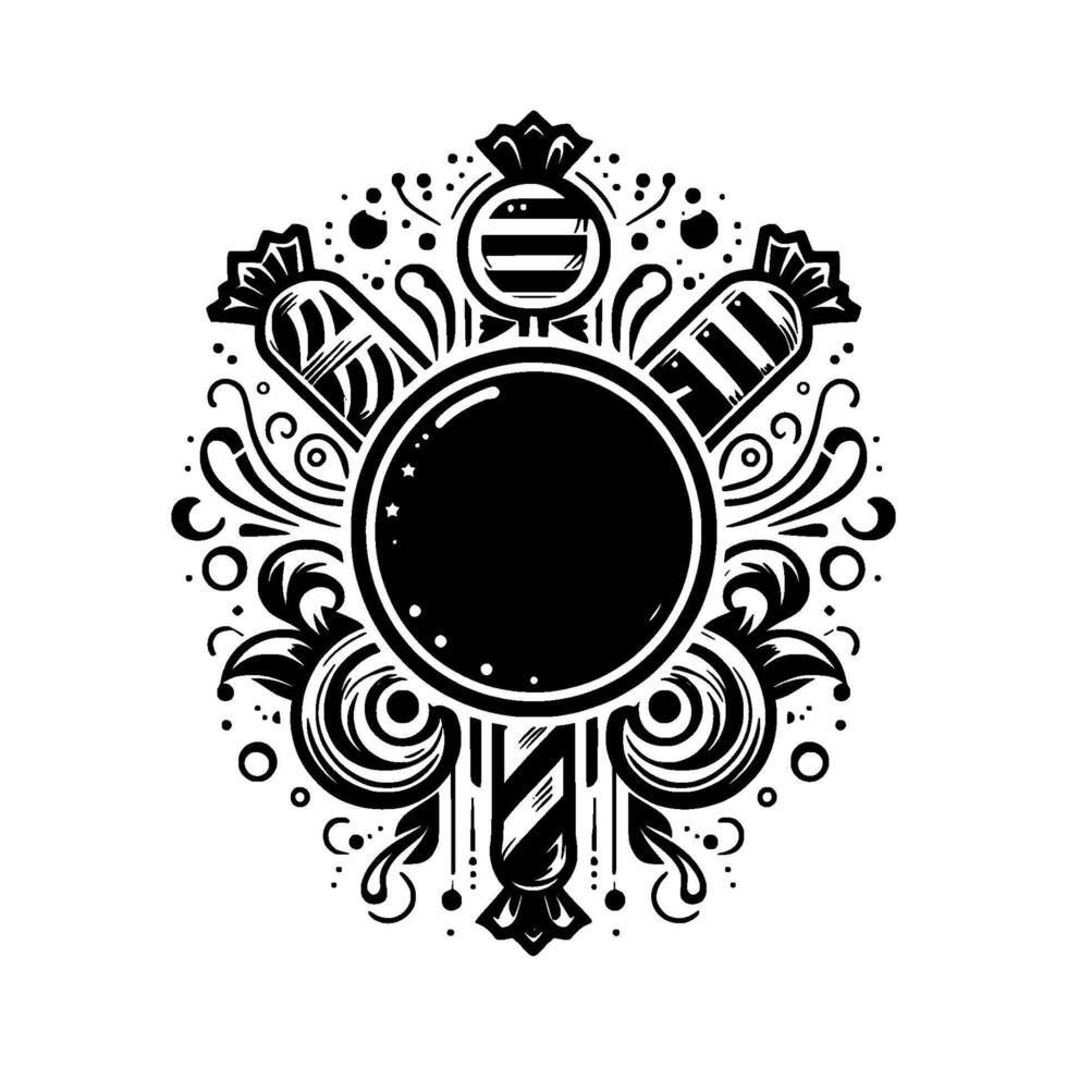 Ornate Black and White CandyThemed Emblem with Central Blank Circle, Surrounded by Decorative Floral and Swirl Elements. vector