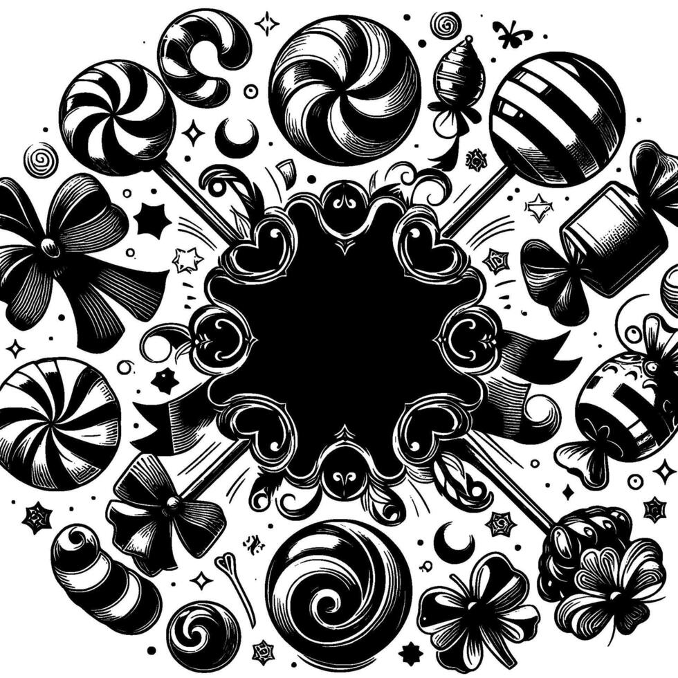 Circular, black and white, engraved illustration of various candies, lollipops, and bows surrounding a blank, ornate central frame. vector