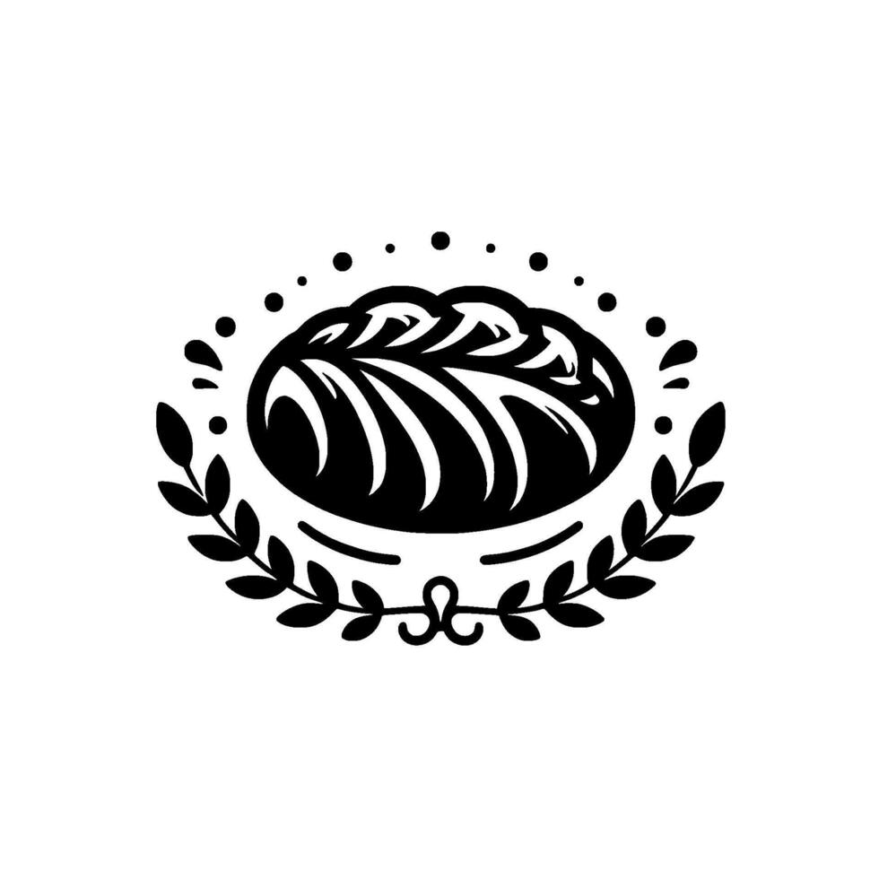 Monochrome Bread and Laurel Wreath Illustration, Featuring Detailed Organic Textures, Dots, and Decorative Elements Against White Background. vector