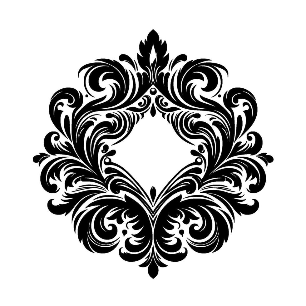 Intricate Black and White Floral Damask Symmetrical, Ornate, and Baroqueinspired, centered around a diamond shape. vector