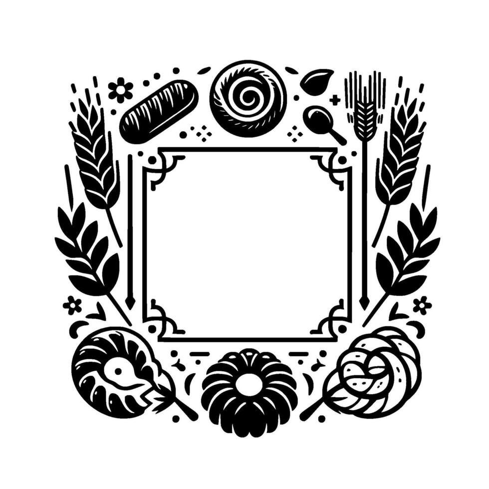 Intricate blackandwhite bakery frame with wheat, baked goods, floral elements, and a blank square center for text or a . vector