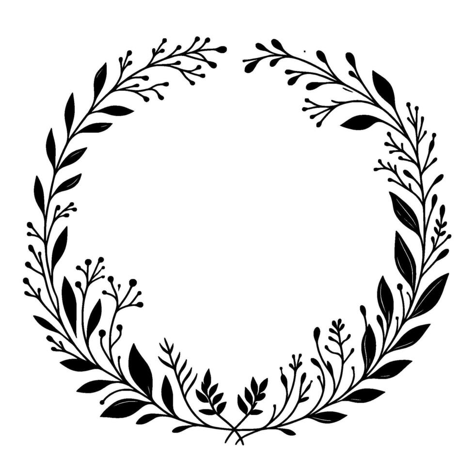 Elegant monochromatic floral wreath , featuring detailed leaf and berry motifs, encircling an empty white space for text or . vector