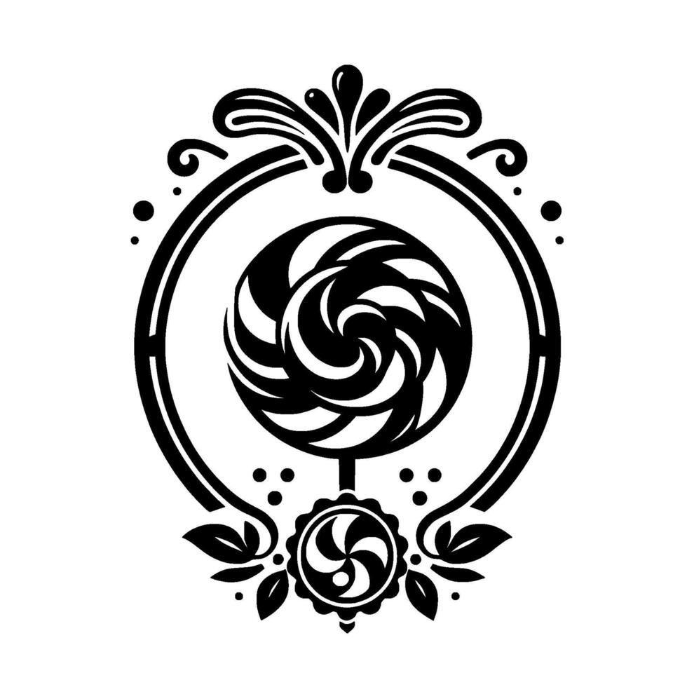Elegant Black and White Swirl Lollipop in Ornate Circular Frame Adorned with Floral and Ornamental Accents on White Background. vector