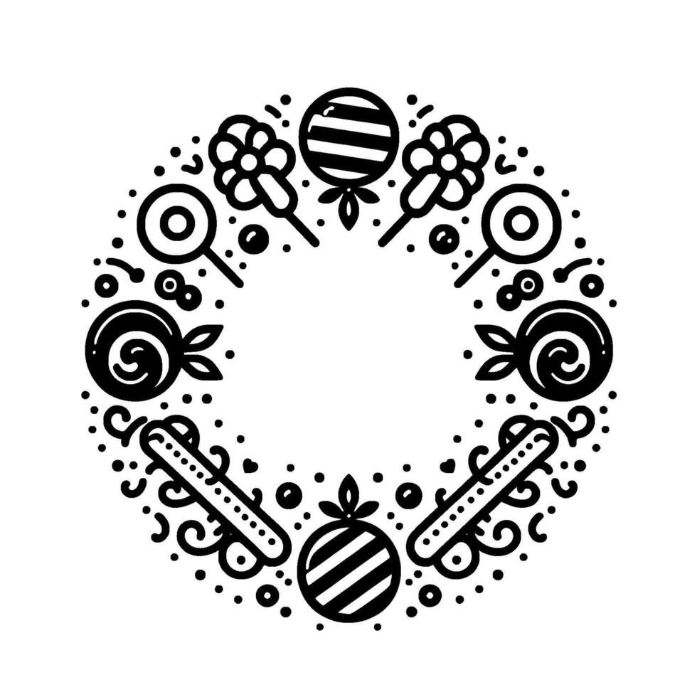 Intricate Black White Circular Illustration Featuring Candies, Lollipops, Swirls, Dots, and Floral Elements, Forming a Decorative Border. vector