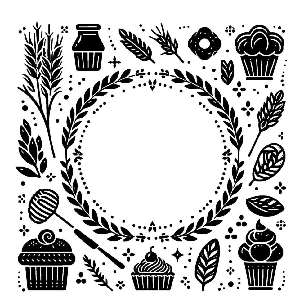 Black and white circular bakerythemed illustration with various baked goods, wheat, and a dotted leaf wreath frame. vector