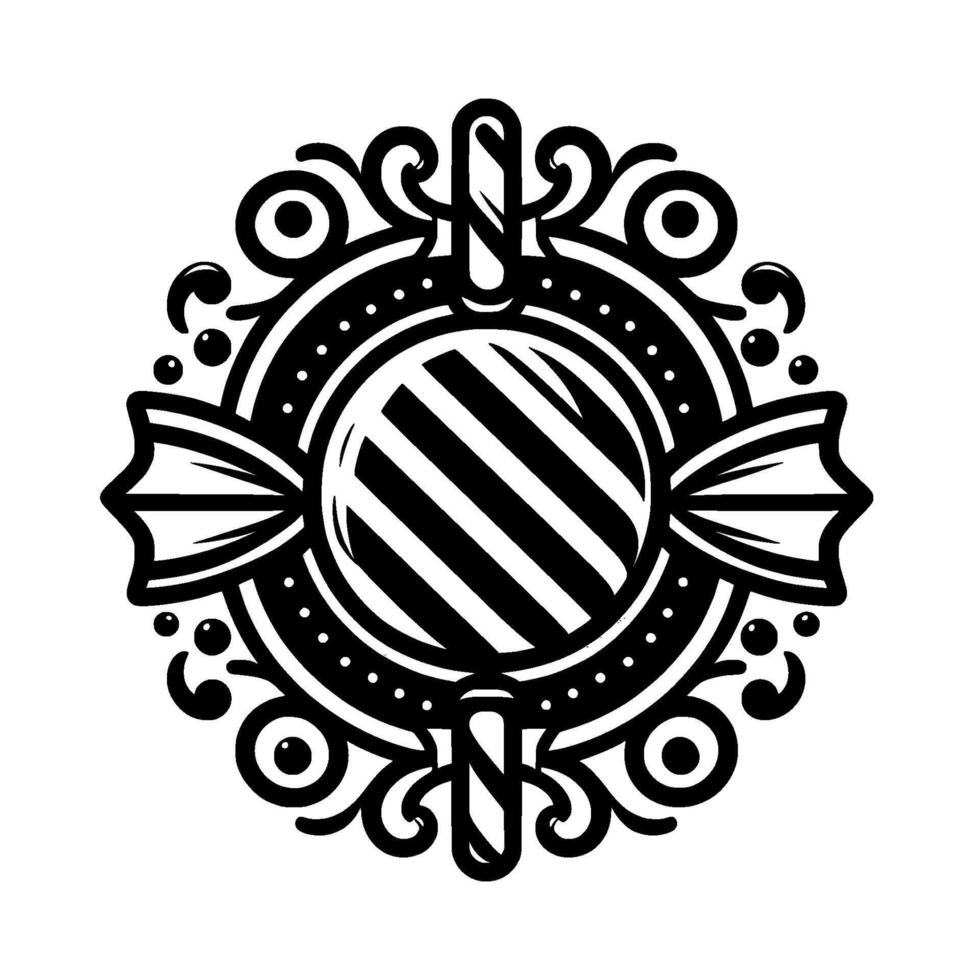 Ornamental Black and White Candy Emblem, Stripped Globe Centerpiece with Scrolling Border, Vintage vector