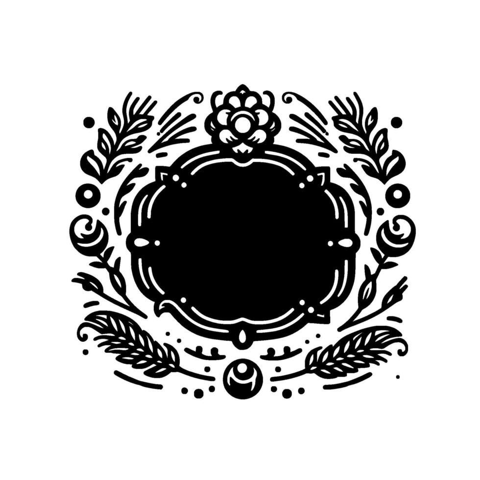 Elegant black and white floral frame with a central blank space, surrounded by stylized leaves, flourishes, and floral elements, on white background. vector
