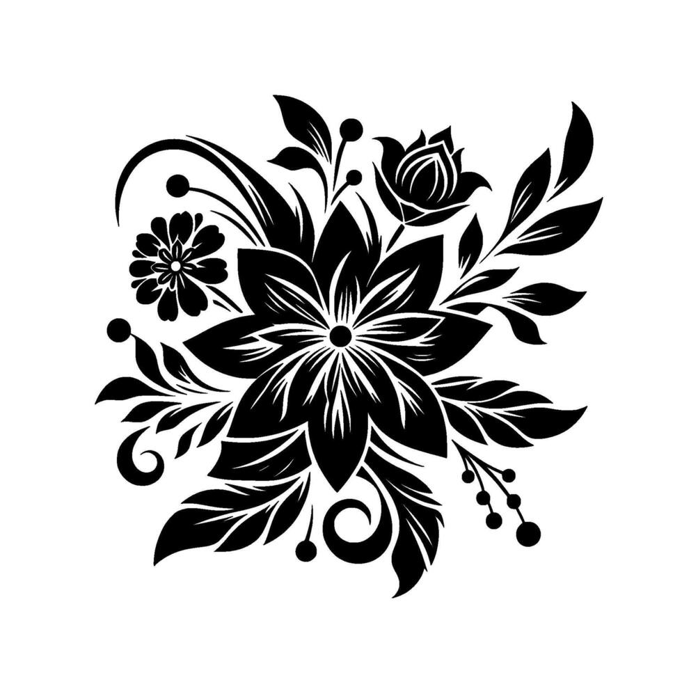 Elegant floral monochrome featuring a symmetrical arrangement of stylized blossoms, leaves, and embellishments on a white backdrop. vector