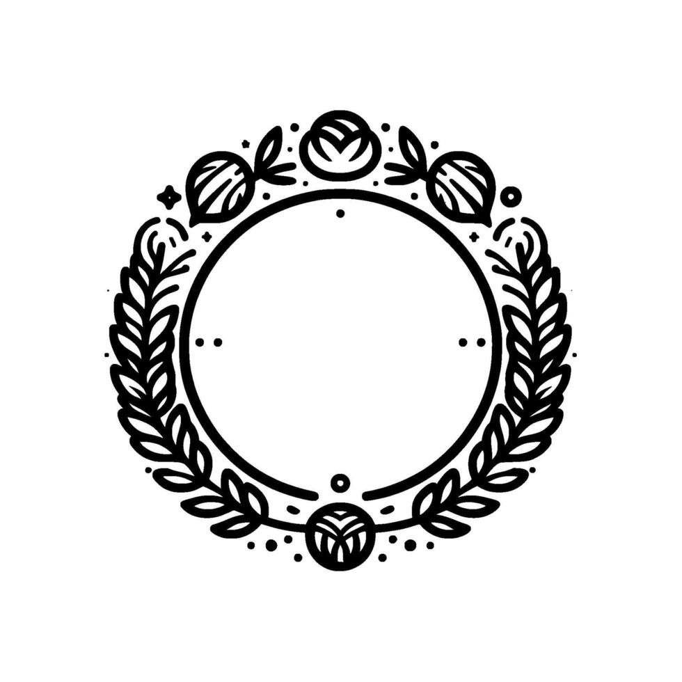 Elegant Black and White Circular Frame with Laurel Leaves, Floral Accents, and Empty Center, Ideal for Badges or Logos. vector
