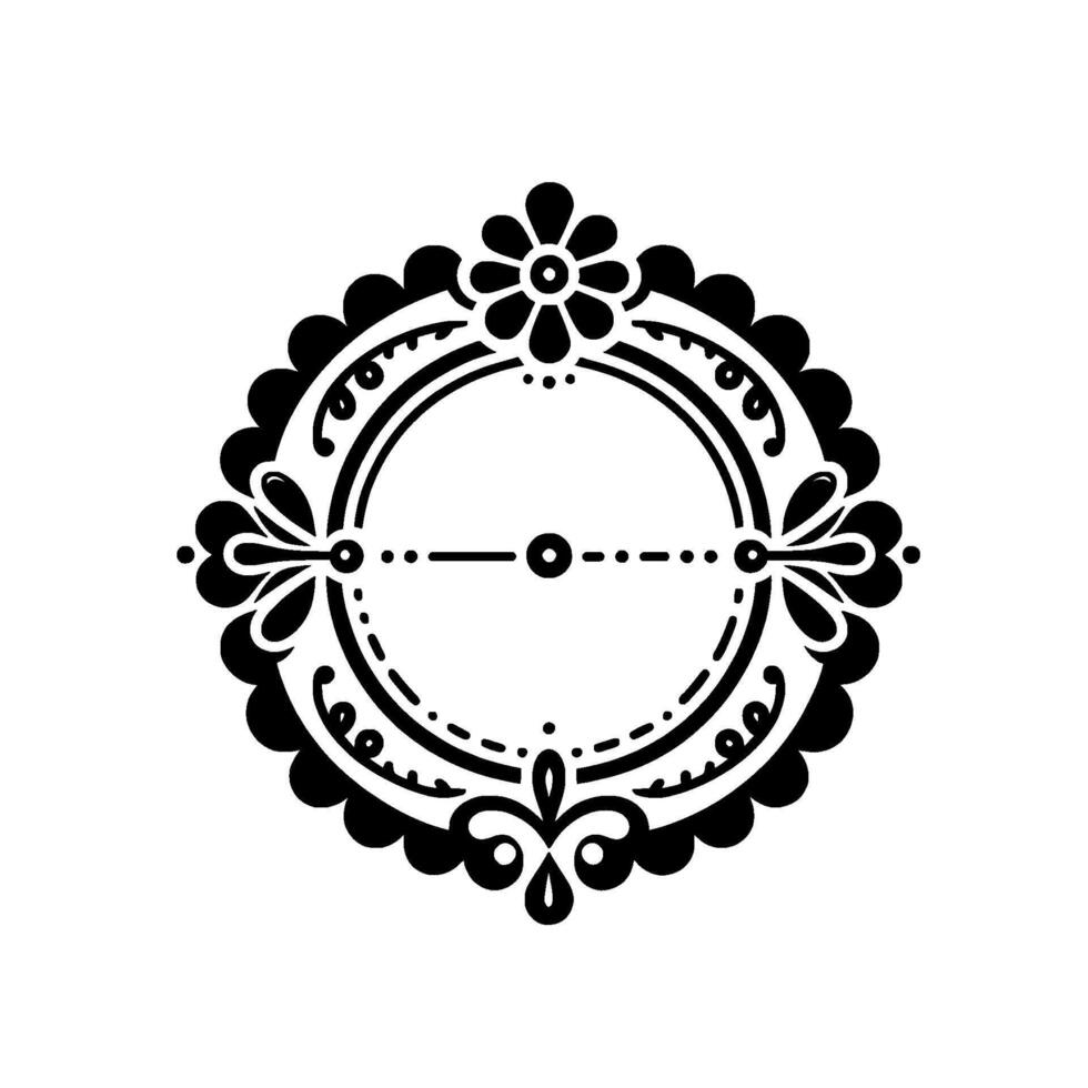 Intricate black and white floral with a scalloped border, a central flower, and symmetrical embellishments arranged around a central circle and a dotted line. vector