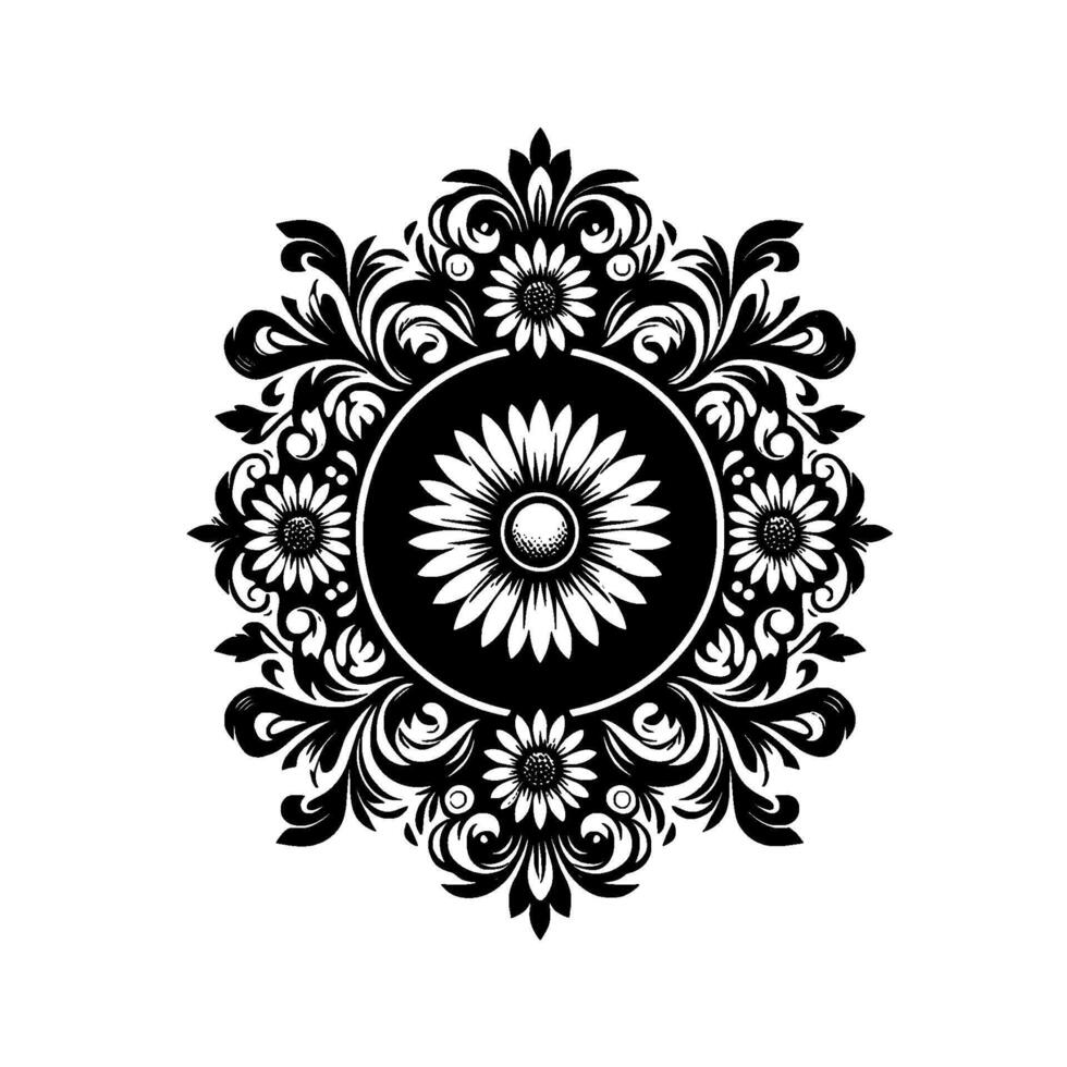 Intricate Black and White Floral Crest , Circular Center with a Large Daisy Surrounded by Smaller Daisies and Elegant Foliage. vector