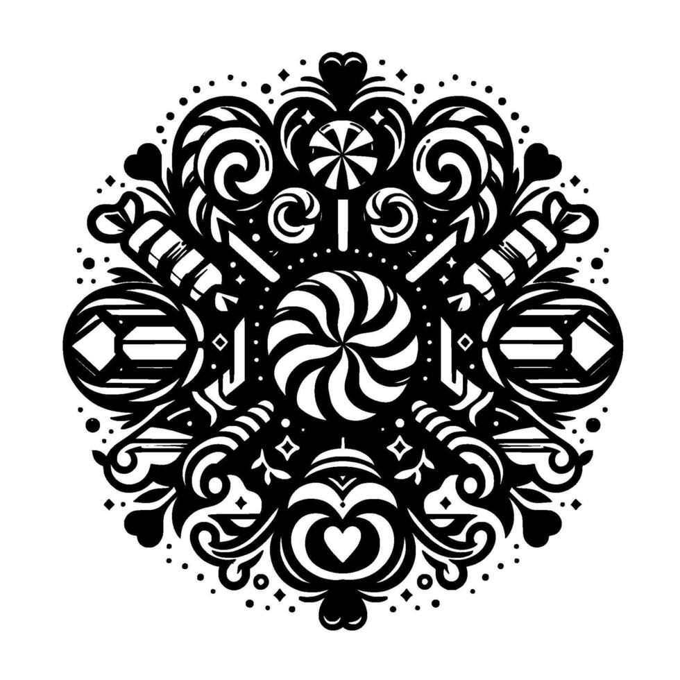 Intricate, black and white circular featuring a stylized arrangement of various candies, lollipops, hearts, and geometric shapes with dotted border, minimalist aesthetic. vector