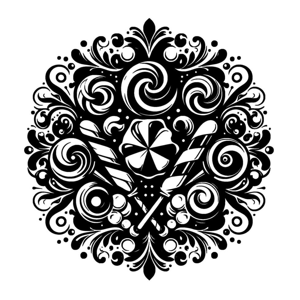 Intricate Black and White Candy Mandala Featuring Lollipops, Swirls, and Floral Ornamental on White Background. vector
