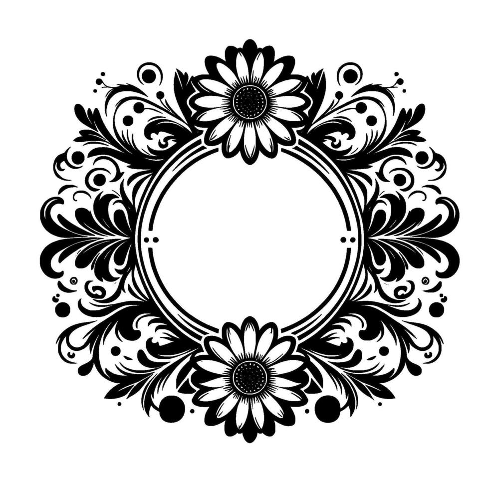Intricate Black and White Floral Wreath , Circular Frame, Elegant Sunflower Accents on a Solid White Background vector