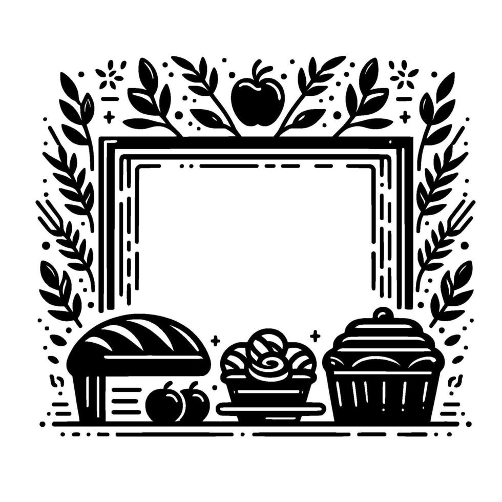 Elegant Black White FoodThemed Frame with Pastries, Apples, and Floral Accents for Culinary, Baking, and FarmtoTable Art. vector