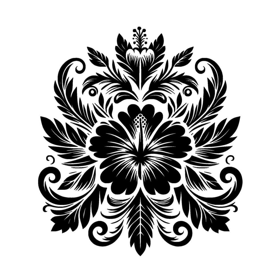 Elegant Black White Floral Damask Symmetrical Hibiscus with Lush Leaves, Swirls, and Artistic Detailing on a White Background. vector
