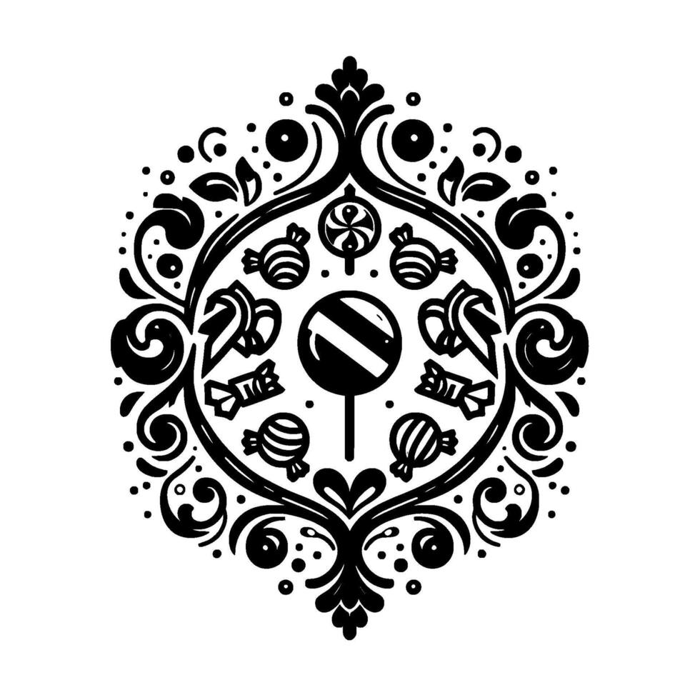 Black and white symmetrical featuring a central striped lollipop, surrounded by various stylized candies and ornate floral elements. vector