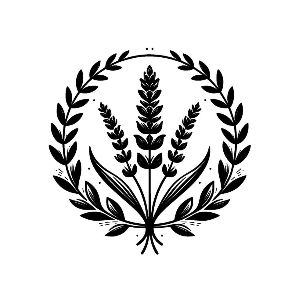 Elegant Black and White Botanical Illustration Lavender Sprigs within a Laurel Wreath, Simple and Refined , NatureInspired Artwork. vector
