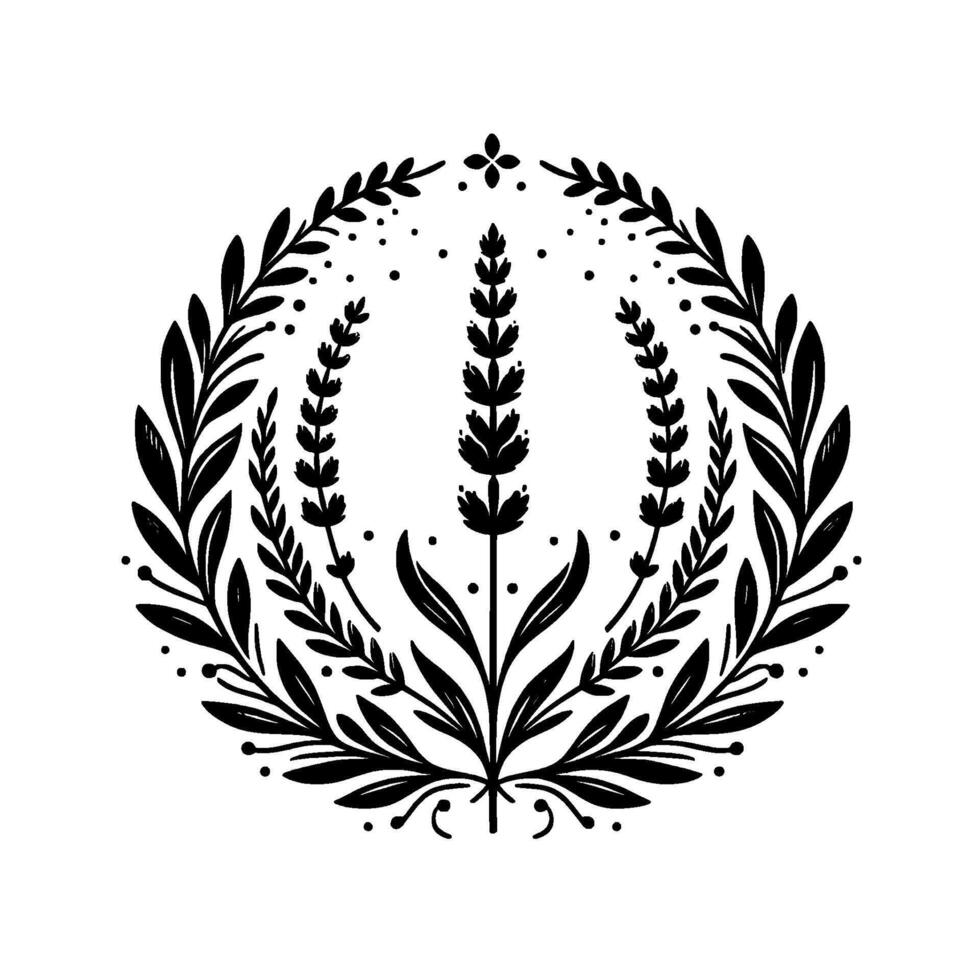 Ornate black and white floral emblem featuring lavender and leaf motifs arranged in a circular symmetrical , evoking natural elegance. vector