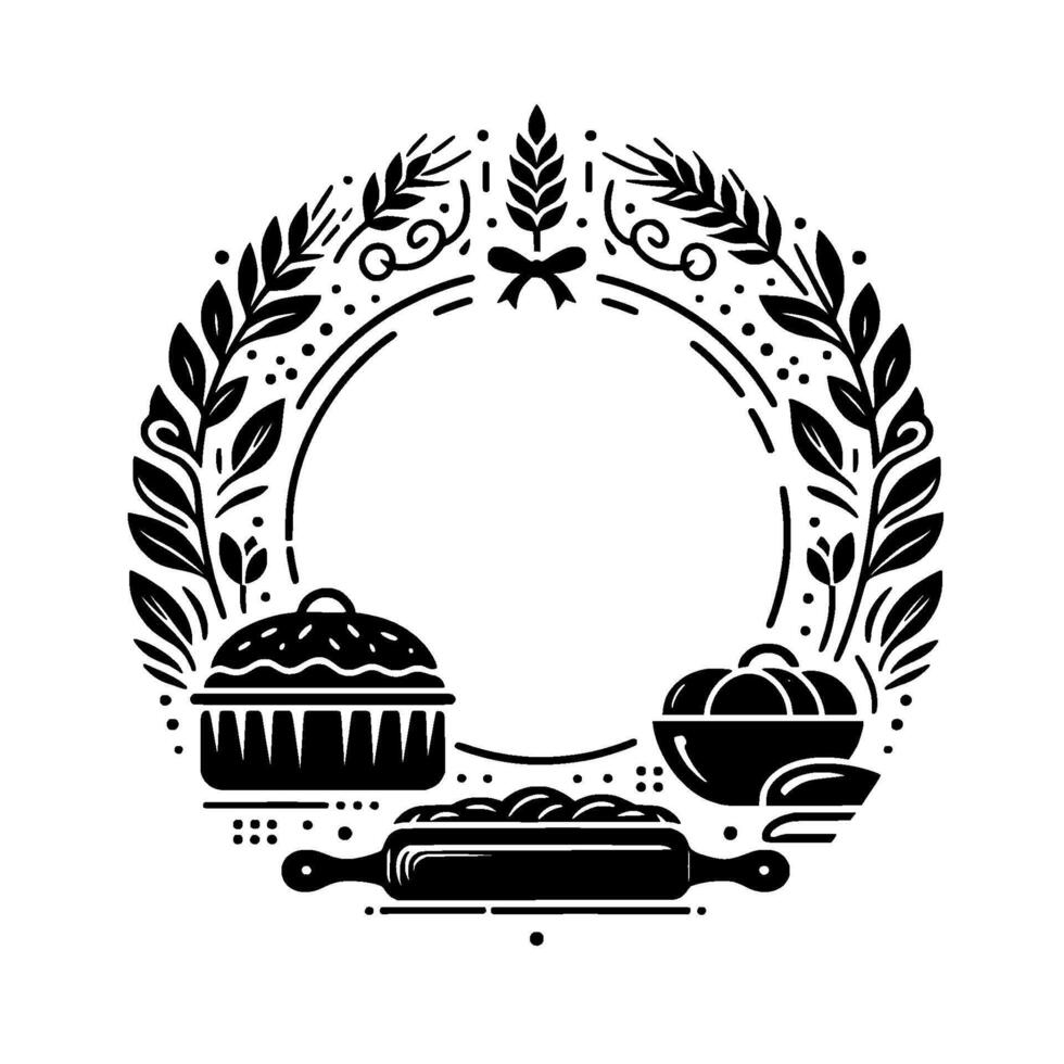 Elegant Black and White Baking Illustration with Wreath, Pie, Bowl of Fruit, and Rolling Pin on White Background. vector